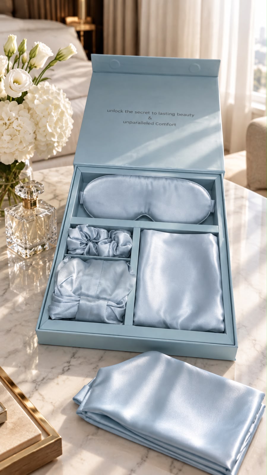 Manam mulberry silk sleep set with pillowcase, mask, bonnet and scrunchie
